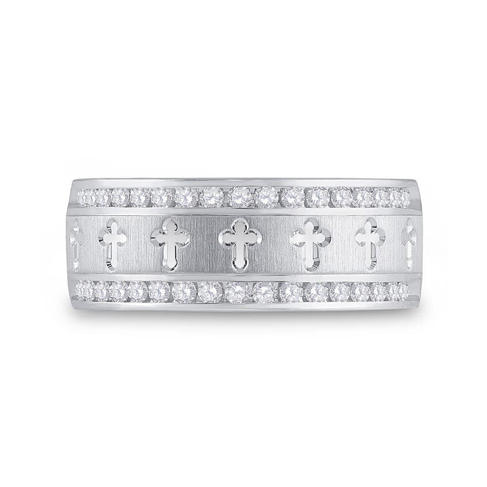 14K White Gold Mens Round Diamond Wedding Cross Band Ring 1/2 Cttw, Mens Size: 7-13