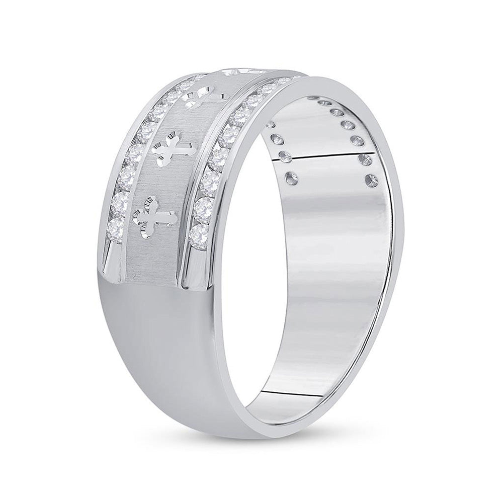 14K White Gold Mens Round Diamond Wedding Cross Band Ring 1/2 Cttw, Mens Size: 7-13