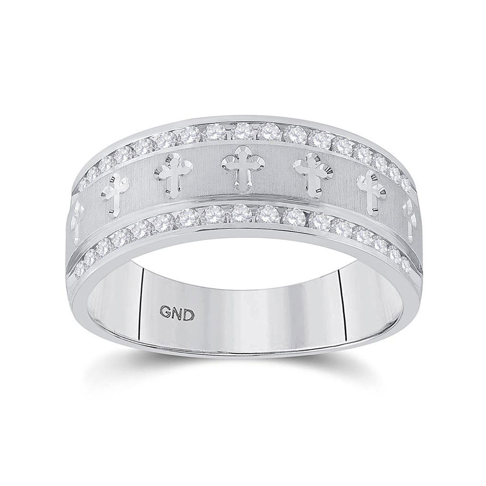 14K White Gold Mens Round Diamond Wedding Cross Band Ring 1/2 Cttw, Mens Size: 7-13