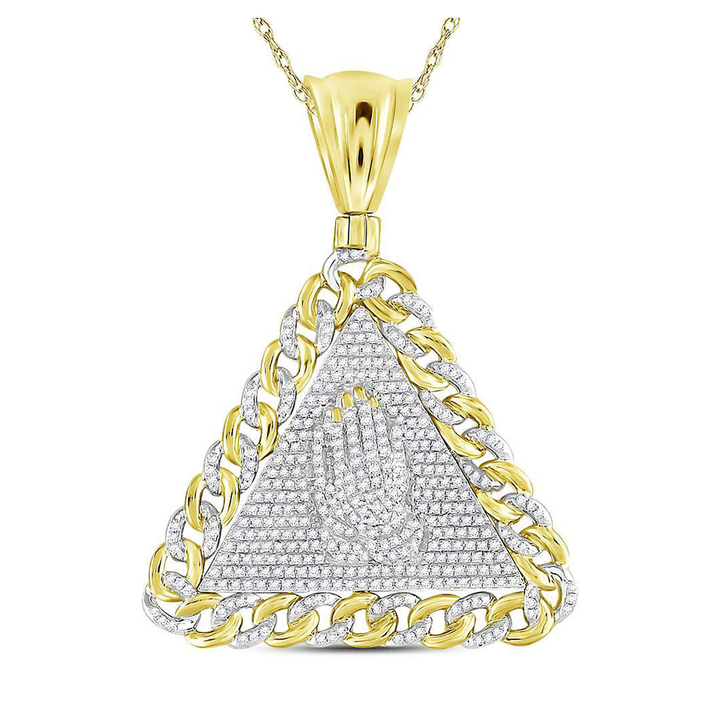 10K Yellow Gold Mens Round Diamond Praying Hands Triangle Charm Pendant 1 Cttw, Length: 2.1 In, Width: 1.63 In