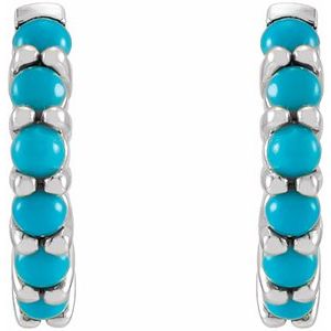 Sterling Silver Pair Round Shape 2 Mm Natural Turquoise Cabochon Hinged Hoop Earrings, Length: 12.21 Mm, Thickness: 2.32 Mm