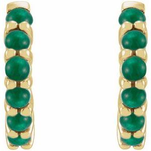14K Yellow Gold Pair Round Shape 2 Mm Natural Emerald Cabochon Hinged Hoop Earrings, Length: 12.21 Mm, Thickness: 2.32 Mm
