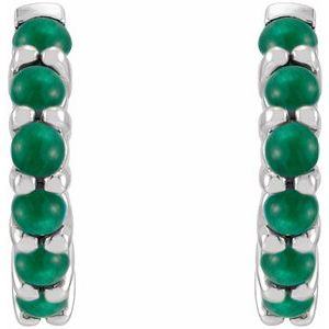 Sterling Silver Pair Round Shape 2 Mm Natural Emerald Cabochon Hinged Hoop Earrings, Length: 12.21 Mm, Thickness: 2.32 Mm