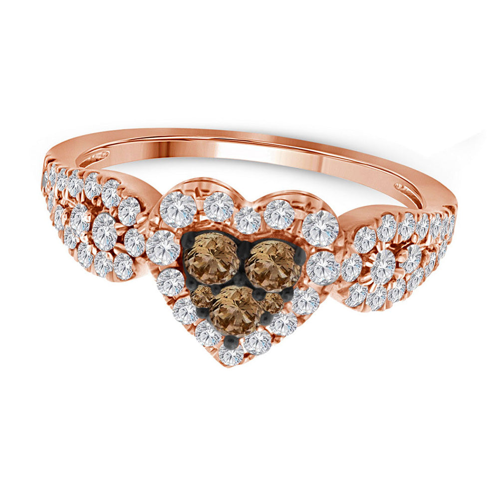 10K Rose Gold Womens Round Brown Diamond Heart Cluster Ring 3/4 Cttw, Womens Size: 5-10