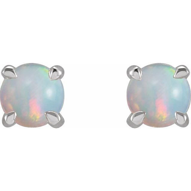 14K White Gold Round Pair 4 Mm Friction 4-Prong Polished Cabochon Natural White Opal 4-Claw Prong Earrings