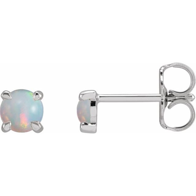 14K White Gold Round Pair 4 Mm Friction 4-Prong Polished Cabochon Natural White Opal 4-Claw Prong Earrings