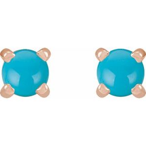 14K Rose Gold Round Shape 3 Mm Cabochon Natural Turquoise 4-Claw Prong Earrings