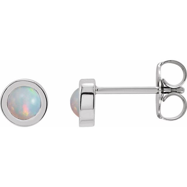 Sterling Silver Round Pair 4 Mm Friction Polished Cabochon Natural White Opal Bezel-Set Solitaire Earrings