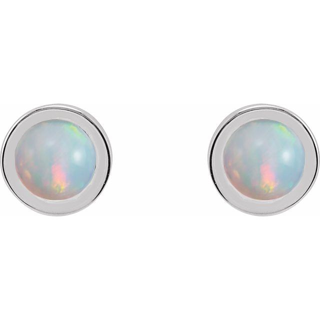 Sterling Silver Round Pair 4 Mm Friction Polished Cabochon Natural White Opal Bezel-Set Solitaire Earrings