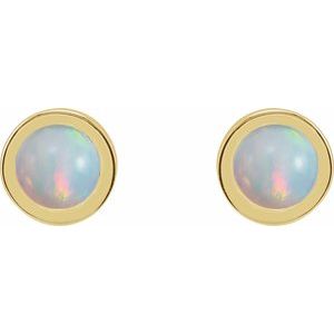 14K Yellow Gold Round Shape 4 Mm Cabochon Natural White Opal Bezel-Set Solitaire Earrings