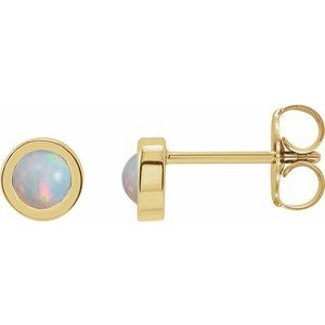 14K Yellow Gold Round Shape 4 Mm Cabochon Natural White Opal Bezel-Set Solitaire Earrings