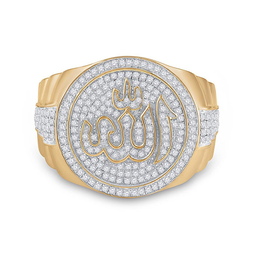 10K Yellow Gold Mens Round Diamond Allah Islam Circle Ring 3/4 Cttw, Mens Size: 7-13