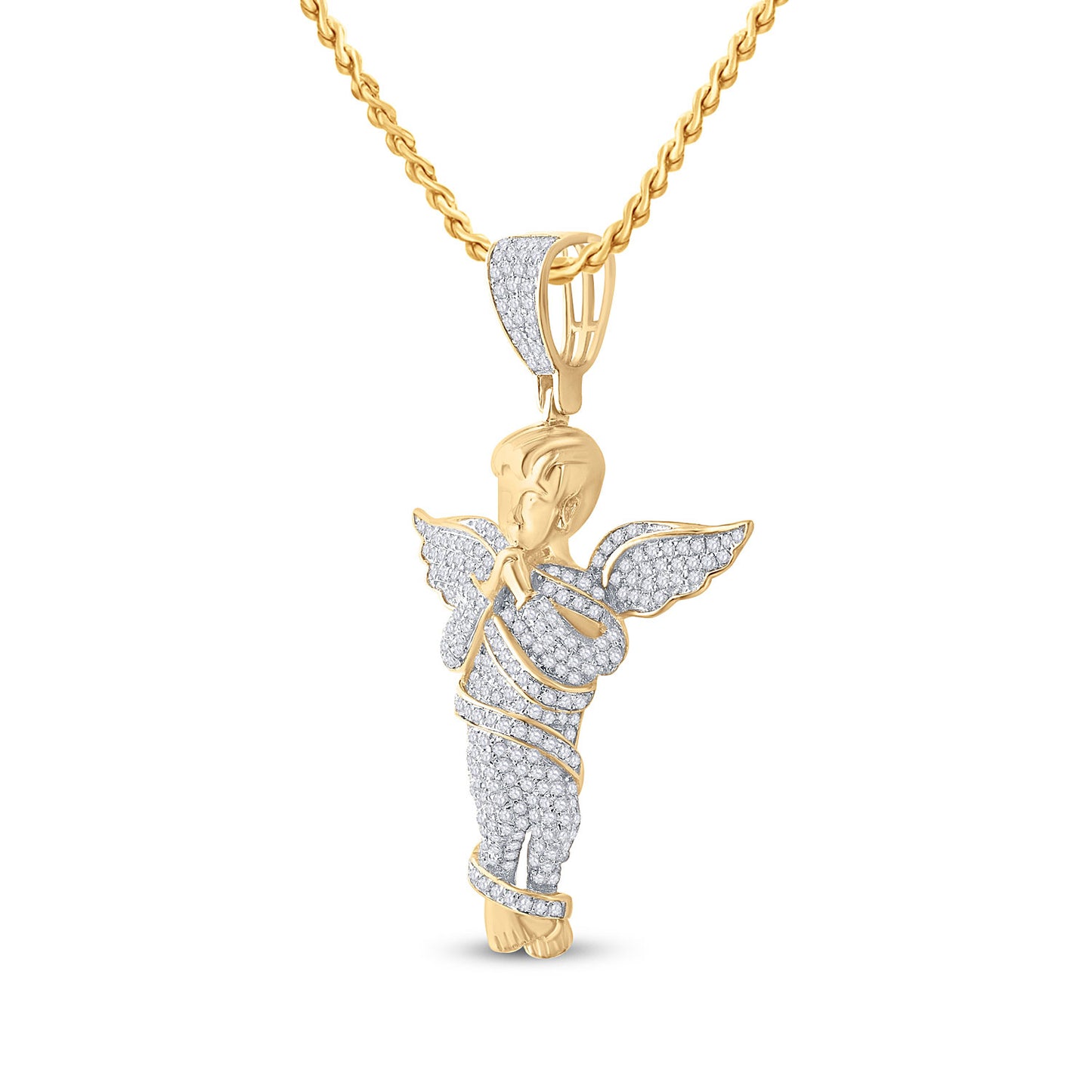 10K Yellow Gold Mens Round Diamond Praying Angel Wings Charm Pendant 7/8 Cttw, Length: 1.7 In, Width: 1.05 In