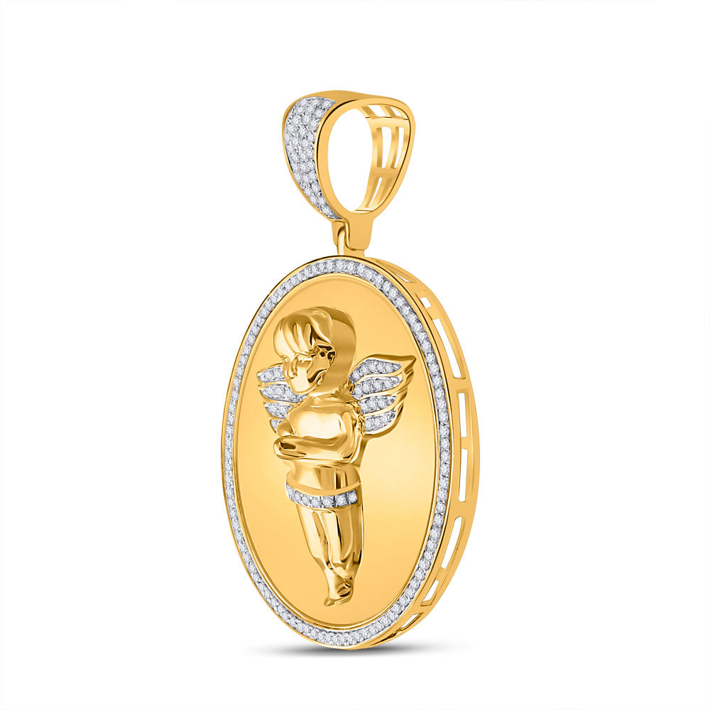 10K Yellow Gold Mens Round Diamond Circle Angel Cherub Medallion Charm Pendant 1/2 Cttw, Length: 1.69 In, Width: 1.22 In