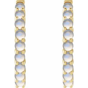 14K Yellow Gold Pair Round Shape 2 Mm Natural Rainbow Moonstone Cabochon Hinged Hoop Earrings, Length: 20 Mm, Thickness: 2.32 Mm