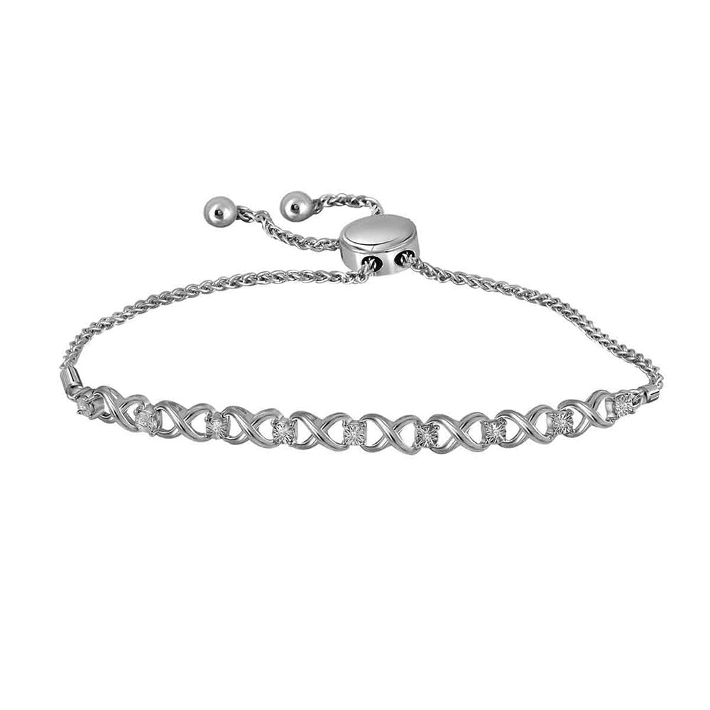Sterling Silver Womens Round Diamond Infinity Bolo Bracelet 1/20 Cttw, Width: 0.22 In