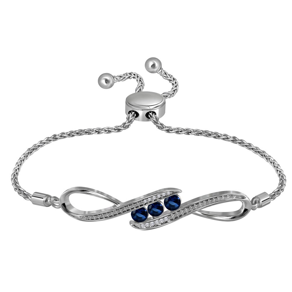 Sterling Silver Womens Round Synthetic Blue Sapphire Bolo Bracelet 1/2 Cttw, Length: 3.58 In, Width: 0.39 In