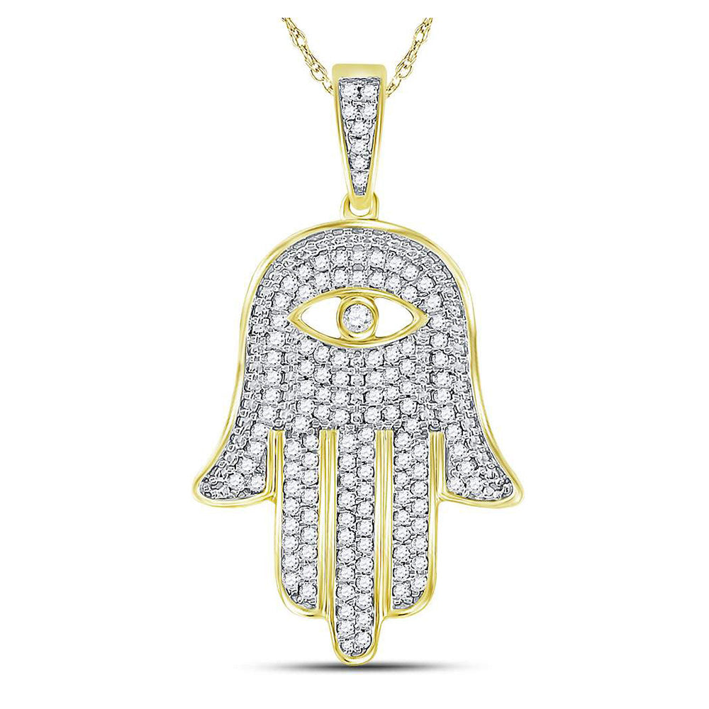 10K Yellow Gold Mens Round Diamond Eye of Fatima Hamsa Hand Charm Pendant 1/2 Cttw, Length: 1.25 In, Width: 0.74 In