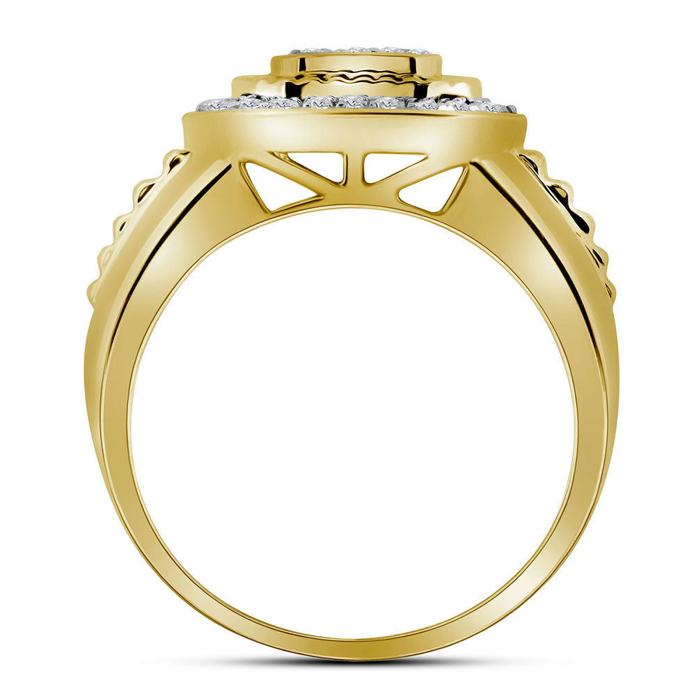 10K Yellow Gold Mens Round Diamond Square Frame Cluster Ribbed Ring 3/4 Cttw, Mens Size: 7-13