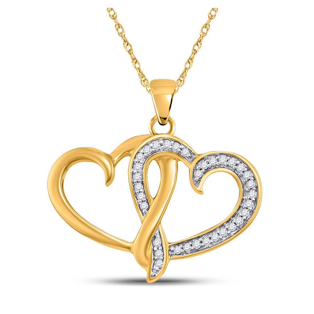 10K Yellow Gold Womens Round Diamond Double Joined Heart Pendant 1/10 Cttw