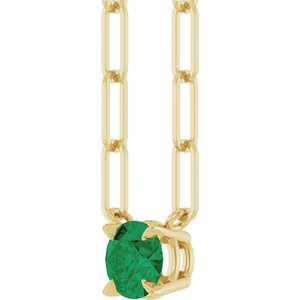 14K Yellow Gold Round 5 Mm Lab-Grown Emerald Claw-Prong Necklace, Length: 16 In