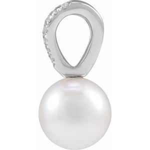 14K White Gold Pearl 8Mm G-H I1 Cultured White Akoya Pearl And .05 Ctw Natural Diamond Pendant