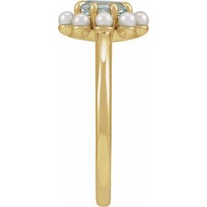 14K Yellow Gold Natural Sky Blue Topaz & Cultured White Seed Pearl Halo-Style Ring Size 7