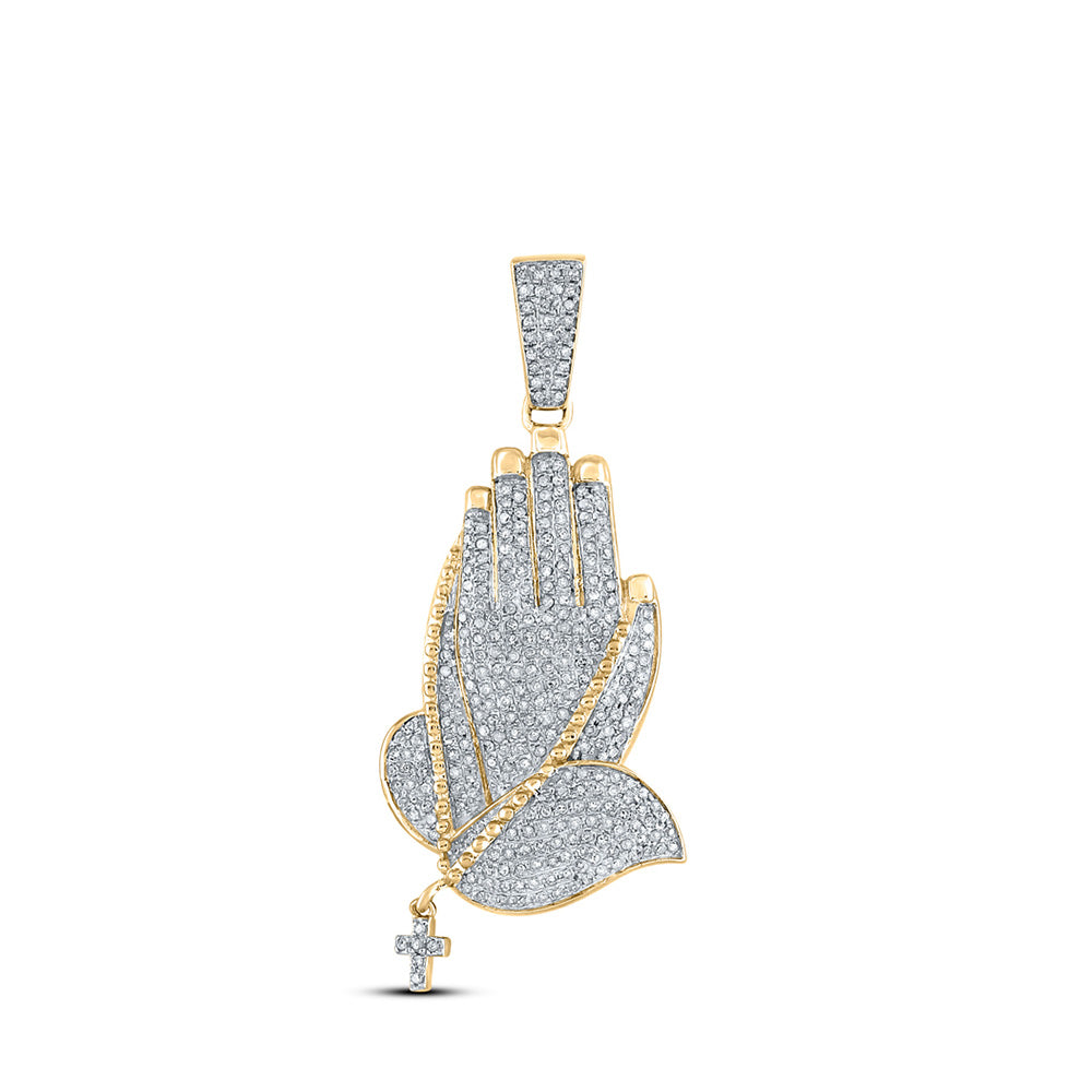 10K Yellow Gold Mens Round Diamond Prayer Hands Charm Pendant 7/8 Cttw, Length: 1.66 In, Width: 0.8 In