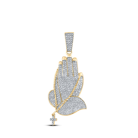 10K Yellow Gold Mens Round Diamond Prayer Hands Charm Pendant 7/8 Cttw, Length: 1.66 In, Width: 0.8 In