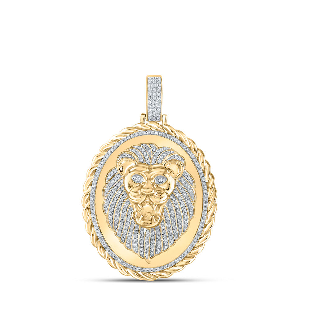 10K Yellow Gold Mens Round Diamond Oval Lion Face Rope Charm Pendant 1 Cttw