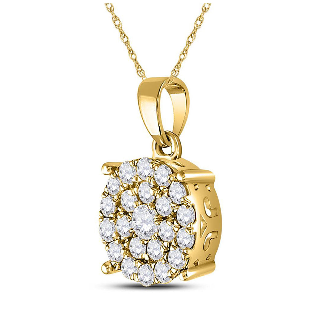 10K Yellow Gold Womens Round Diamond Cluster Pendant 1 Cttw, Length: 0.78 In, Width: 0.44 In