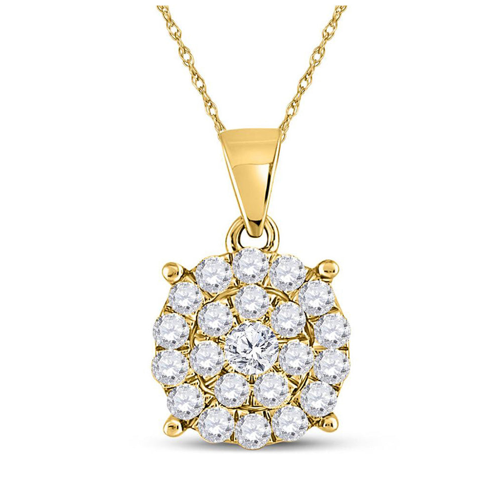 10K Yellow Gold Womens Round Diamond Cluster Pendant 1 Cttw, Length: 0.78 In, Width: 0.44 In