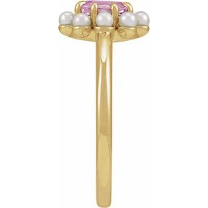 14K Yellow Gold Natural Pink Tourmaline & Cultured White Seed Pearl Halo-Style Ring Size 7