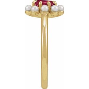 14K Yellow Gold Natural Rhodolite Garnet & Cultured White Seed Pearl Halo-Style Ring Size 7
