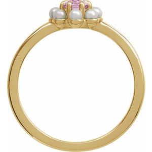 14K Yellow Gold Natural Pink Tourmaline & Cultured White Seed Pearl Halo-Style Ring Size 7