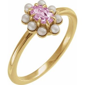 14K Yellow Gold Natural Pink Tourmaline & Cultured White Seed Pearl Halo-Style Ring Size 7