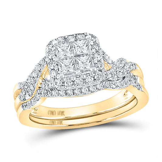 10K Yellow Gold Princess Diamond Halo Bridal Wedding Ring Band Set 1 Cttw, Womens Size: 5-10