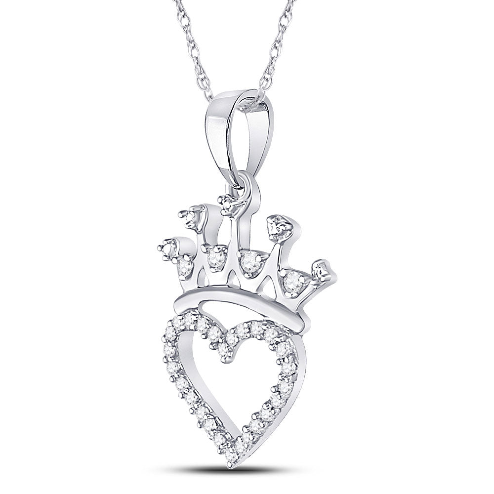 Sterling Silver Womens Round Diamond Crown Heart Pendant 1/10 Cttw, Length: 0.81 In, Width: 0.5 In