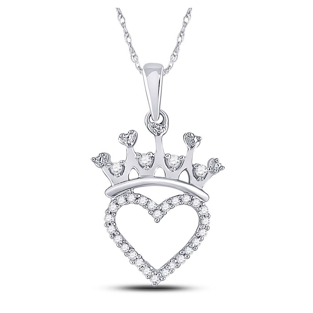 Sterling Silver Womens Round Diamond Crown Heart Pendant 1/10 Cttw, Length: 0.81 In, Width: 0.5 In