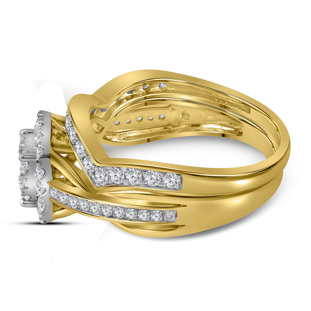 14K Yellow Gold Round Diamond Cluster Bridal Wedding Ring Band Set 1 Cttw, Womens Size: 5-10