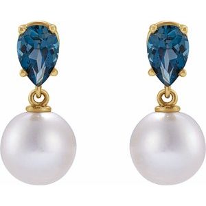 14K Yellow Gold Cultured White Akoya Pearl & Natural London Blue Topaz Pear Shape Earrings