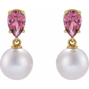 14K Yellow Gold Cultured White Akoya Pearl & Natural Pink Tourmaline Pear Shape Earrings