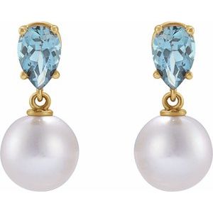 14K Yellow Gold Cultured White Akoya Pearl & Natural Aquamarine Pear Shape Earrings