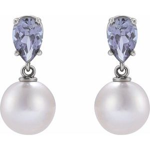 14K White Gold Cultured White Akoya Pearl & Natural Tanzanite Pear Shape Earrings
