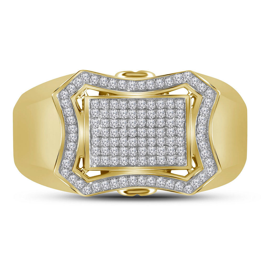 10K Yellow Gold Mens Round Diamond Curved Octagon Cluster Ring 1/3 Cttw, Mens Size: 7-13