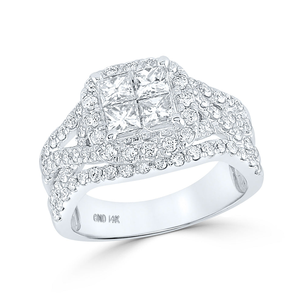 14K White Gold Princess Diamond Cluster Bridal Wedding Engagement Ring 2 Cttw, Womens Size: 5-10