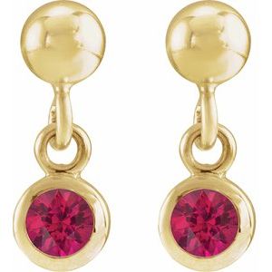 14K Yellow Gold Round Shape 3 Mm Natural Ruby Micro-Bezel Dangle Earrings