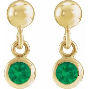 14K Yellow Gold Round Shape 3 Mm Lab-Grown Emerald Micro-Bezel Dangle Earrings