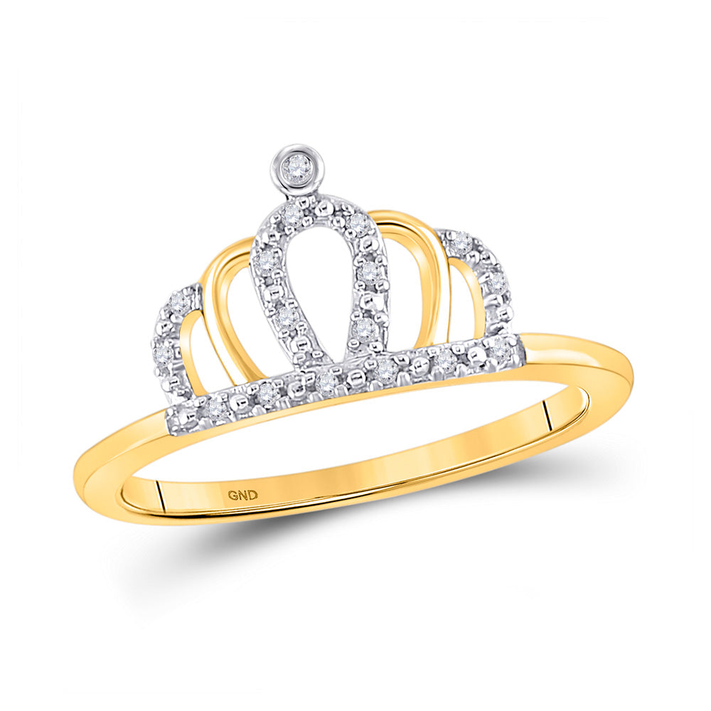 10K Yellow Gold Womens Round Diamond Crown Tiara Princess Band Ring 1/20 Cttw, Womens Size: 5-10