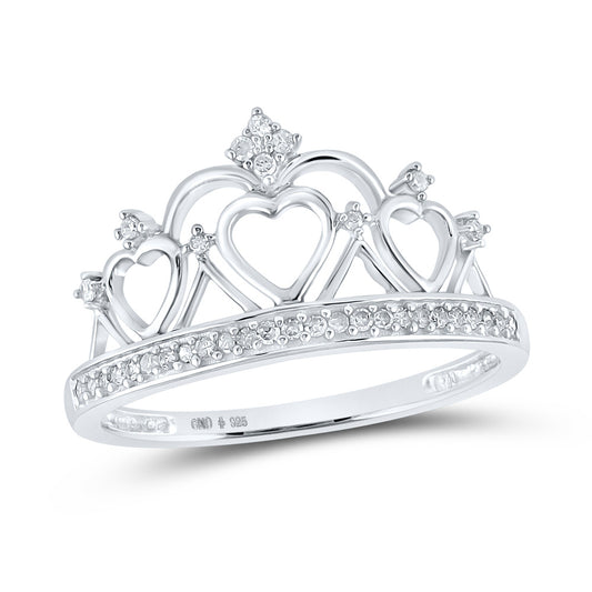 Sterling Silver Womens Round Diamond Heart Crown Tiara Fashion Ring 1/6 Cttw, Womens Size: 5-10
